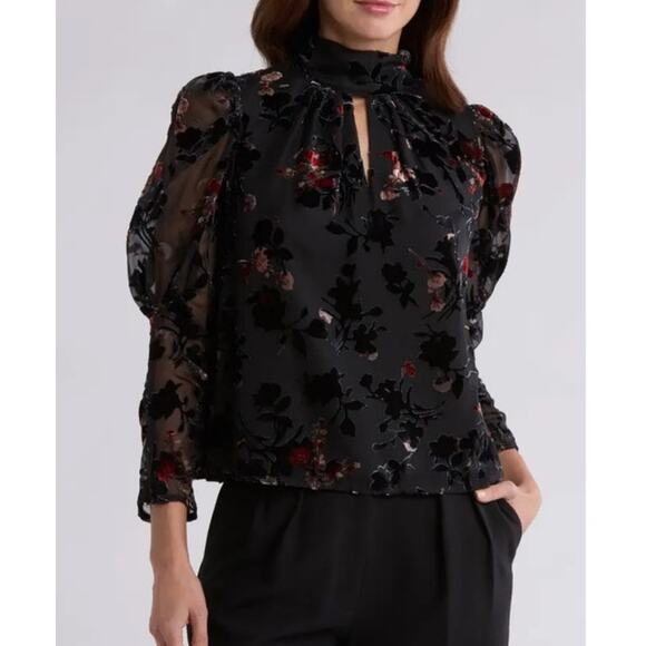 Black Floral Velvet Burnout Sheer Mock Neck Blouse Top - Picture 1 of 9